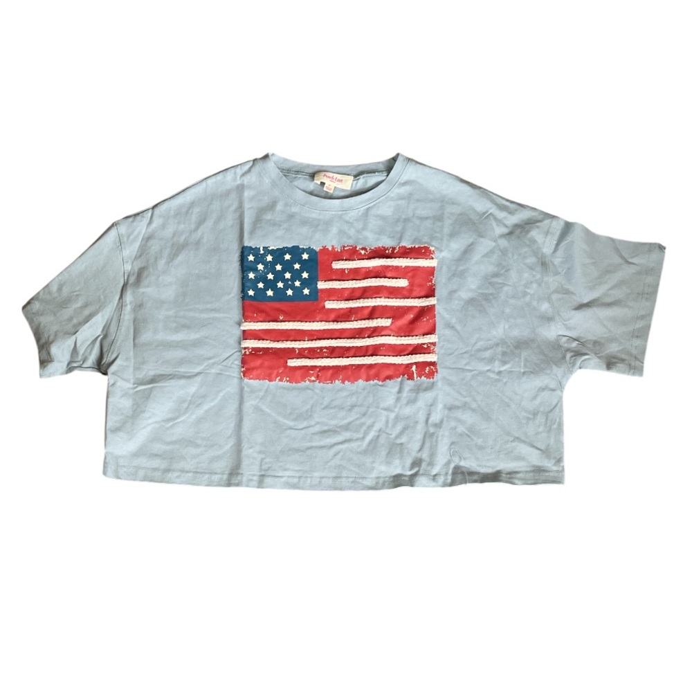 Peach Love California Light Blue Cropped Tee with Distressed American Flag